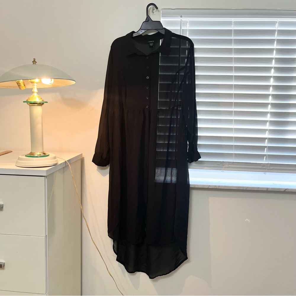 Torrid Plus Size 2X Black Sheer Maxi Long Dual Sleeve Button Chiffon Tunic